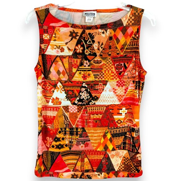Western Connection Tops - Western Connection-Women's Tank Top-MEDIUM-Orange-Black-Yellow-Casual Crew Neck